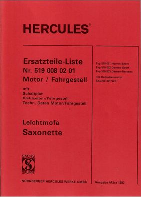 Ersatzteilliste Hercules-Sachs Leichtmofa Saxonette, Fahrrad, Oldtimer,