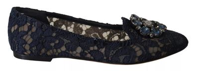 Dolce & Gabbana Blue Crystal Loafer Lace Ballet Flats Shoes