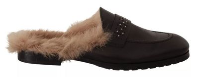 Peserico Black Leather Fur Perforated Slip On Flats Shoes