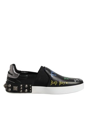 Dolce & Gabbana Black Leather Studded Graffiti Sneakers Shoes