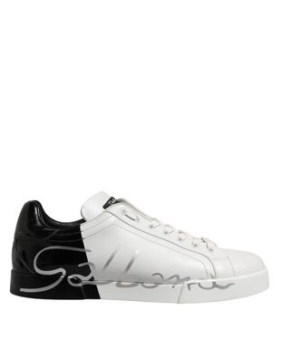 Dolce & Gabbana White Black Logo Low Top Leather Sneakers Shoes