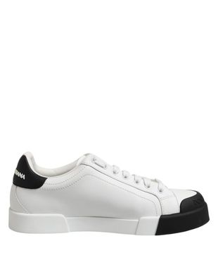Dolce & Gabbana White Black Logo Leather Lace Up Sneakers Shoes