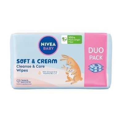 Nivea Baby Sanfte & Cremige Biologisch Abbaubare Feuchttuecher, 2 x 57 Stueck