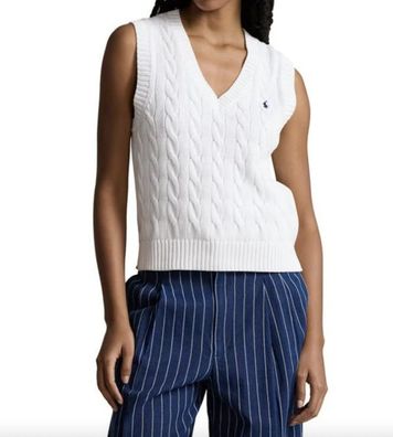 Ralph Lauren Damen Strickweste Weiß V-Ausschnitt Zopfmuster Classic Stil