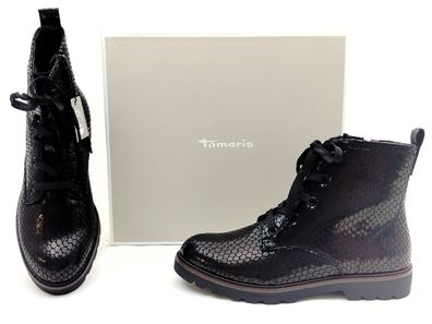 Tamaris Damen Schnür-Boots schwarz in Kroko Optik , seitlicher Reißverschluss