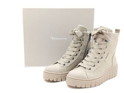 Tamaris Damen Schnürstiefelette seitlichem Reißverschluss beige und Plateausohle