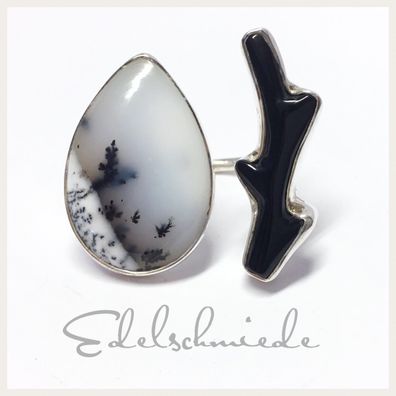 Edelschmiede925 Unikat Silberrig 925/- mit Onyx und tropfenförmigem Dentriten Cabocho
