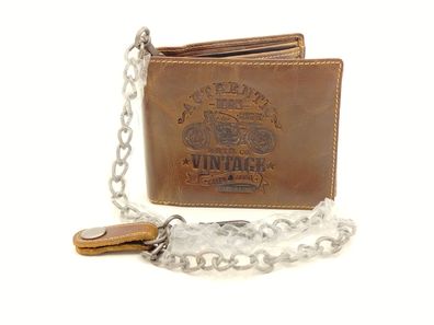 Hochwertige Herren Geldbörse aus Leder mit Kette Motorrad Prägung- Vintage Cafe-Racer