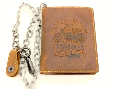 Motorrad Geldbörse Herren Leder Motorradmotiv mit RFID Schutz & Kette - Braun