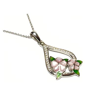 Anhänger 925 Silber Perlmutt rosa / grün Blüten Ranke mit Zirkonia inkl Kette 44-47 c