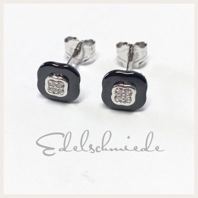 klassisch edle Ohrstecker in 925/- Sterling Silber rhod mit Keramik schwarz + Zirkoni