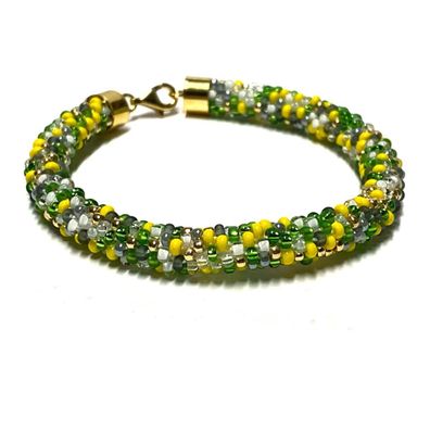 buntes Armband gehäkelt mit Glasperlen 925/- Sterling Silber vergoldet 21cm Handarbei
