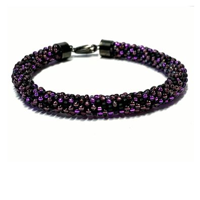 handgefertigtes Häkelarmband aus Glasperlen - Farbmix schwarz lila - mit 925/- Sterli