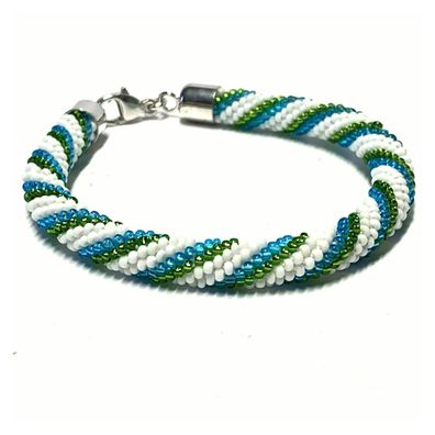 tolles Häkelarmband weiß blau grün mit 925/- Sterling Silber Verschluß 21cm Handarbei