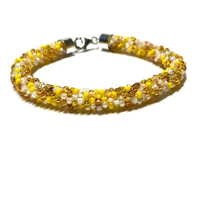 handgefertigtes Häkelarmband aus Glasperlen - Farbmix gelb - mit 925/- Sterling Silbe