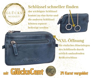 GlücksNugget Schlüsseltasche mit XXL-Öffnung und 2 Schlüsselringen aus Leder, blau