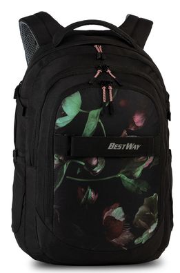 schwarzer Bestway Schulrucksack mit dezentem Blumenmuster, Mädchenmotiv