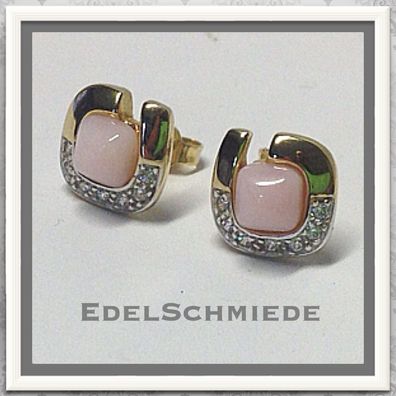 Edelschmiede925 Ohrstecker in 333 Gelbgold mit rosa Opal u Zirk