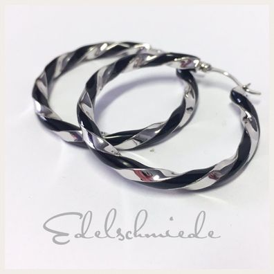 Große Creolen 925 rhod mit schwarzem Lack 39 mm