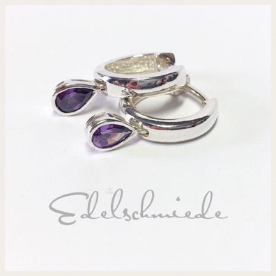 dezente Creolen in 925/- Sterling Silber fest integriertem Zirkonia tropfen lila