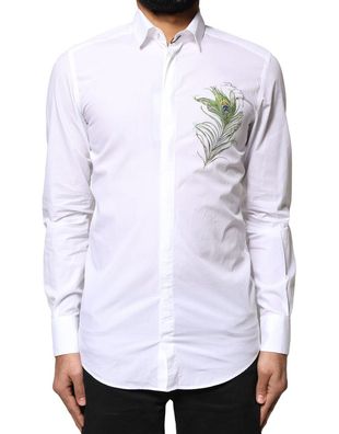 Dolce & Gabbana White Cotton Peacock Feather GOLD Formal Shirt