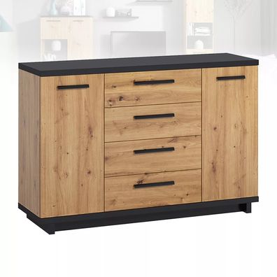 Kommode INES IN-01 mit 4 Schubladen 2 Schränke 135 cm Sideboard Anrichte Eiche