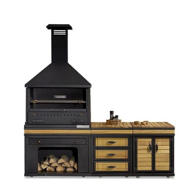 Elegante schwarze Außenküche aus Holz und Edelstahl