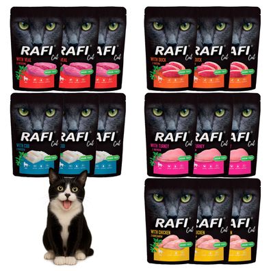Rafi Cat Adult 15×100 g - Mix: Kalb, Kabeljau, Pute, Ente, Huhn