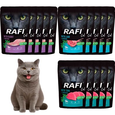 Rafi für sterilisierte Katzen 15×100 g - Mix 3 Sorten (je 5 Stück): Kaninchen, Thunfi