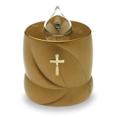 2 LED Grabkerzen Flackereffekt lange Brenndauer Trauerlicht gold Heiliges Kreuz