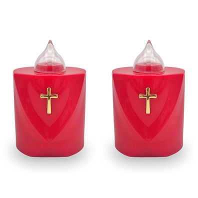 2 LED Grabkerzen Flackereffekt lange Brenndauer Trauerlicht rot Heiliges Kreuz