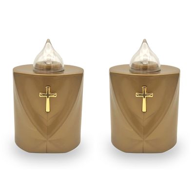 2 LED Grabkerzen Flackereffekt lange Brenndauer Trauerlicht gold Heiliges Kreuz
