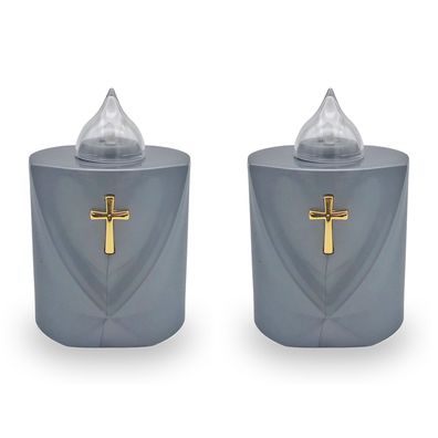 2 LED Grabkerzen Flackereffekt lange Brenndauer Trauerlicht silber Heiliges Kreuz