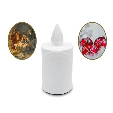 2x LED Weihnachtskerze Flackereffekt lange Brenndauer weiß mit Weihnachtsmotiv