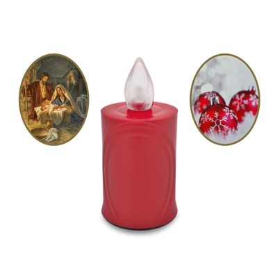 2x LED Weihnachtskerze Flackereffekt lange Brenndauer rot mit Weihnachtsmotiv