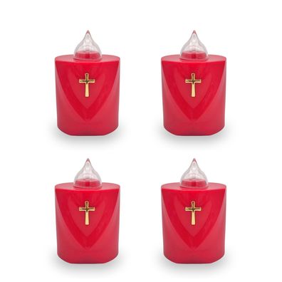 4 LED Grabkerzen Flackereffekt lange Brenndauer Trauerlicht rot Heiliges Kreuz
