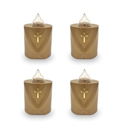 4 LED Grabkerzen Flackereffekt lange Brenndauer Trauerlicht gold Heiliges Kreuz