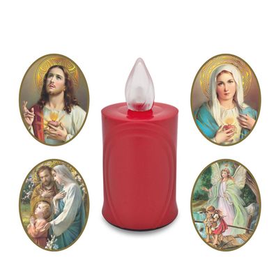 4 LED Grabkerzen Flackereffekt lange Brenndauer rot inkl. Auswahl an Heiligen