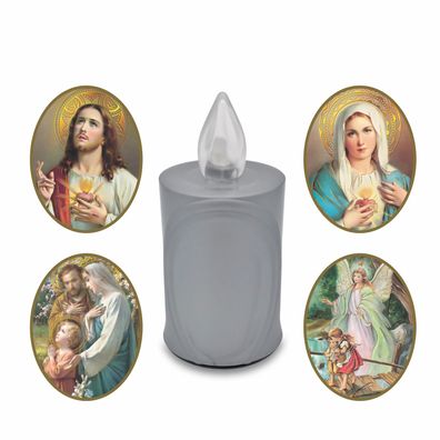 4 LED Grabkerzen Flackereffekt lange Brenndauer silber inkl. Auswahl an Heiligen