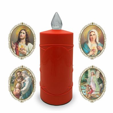 4 LED Grabkerzen Flackereffekt lange Brenndauer rot inkl. Auswahl an Heiligen
