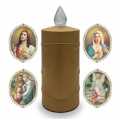 4 LED Grabkerzen Flackereffekt lange Brenndauer gold inkl. Auswahl an Heiligen