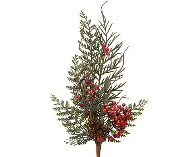 Künstlicher Zweig 50cm mit Zapfen und roten Beeren beschneit Grün Rot