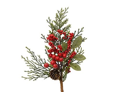 Künstlicher Zweig 26cm mit Zapfen und roten Beeren 1 Stück Grün / Rot