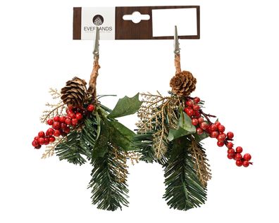 Künstliche Zweige mit Clip 22cm mit Beeren 2er Set Grün / Rot