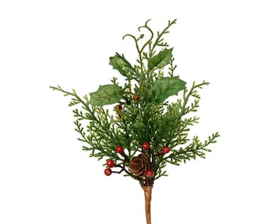 Künstlicher Zweig 25cm mit roten Beeren und Glitzer Grün / Rot