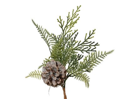 Künstlicher Zweig 22cm mit Zapfen und Farn Grün / Braun