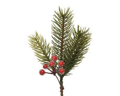 Tannenzweig mit roten Beeren 20cm PE Spritzguss künstlich grün