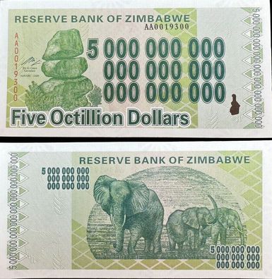 Five Octillion Dollars/ Banknote Zimbabwe/ Bankfrisch unzirkuliert(Zimb20102562)