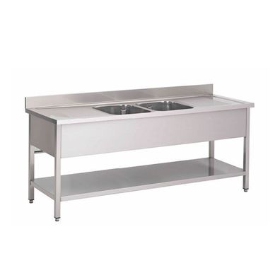 Gastro-Inox Spültisch mit 2 Becken mitte Grundboden und Aufkantung1400x700x880mm