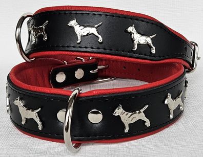 Bullterrier Hundehalsband - Halsumfang 43-50 cm, LEDER, Schwarz-ROT